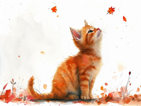 A painting of a cat sitting in the grass watching red leaves falling down.の素材