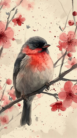 A painting of a bird sitting on a branch of a tree.の素材