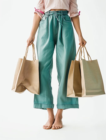 A woman holding two shopping bags in her hands. Clipart isolated on white backgroundの素材