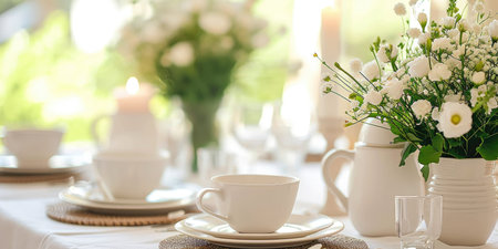 A table set for a formal dinner with white flowers.の素材