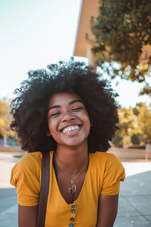 A woman with a big afro smiles for the camera. African college student portraitの素材