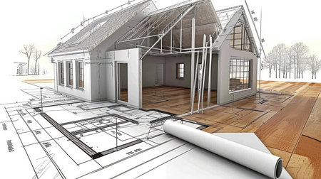In an architect workshop, a detailed house replica, blending digital schematics. The model showcases a meticulous blend of digital innovation and hands-on craftsmanship.の素材