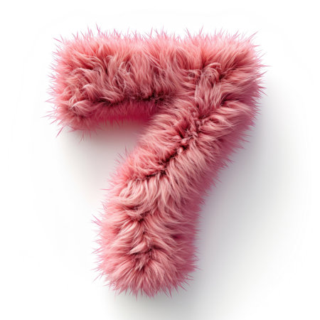 A pink fuzzy number seven on a white surface.の素材