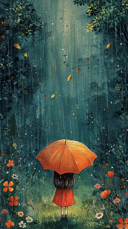 A girl in a red dress holding an orange umbrella.の素材