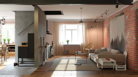 A living room filled with furniture and a brick wall. House renovation.の素材