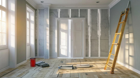 A room with a ladder and furniture in it, home renovation.の素材