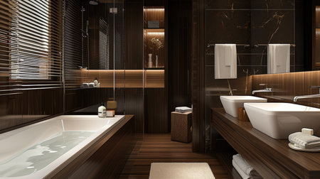 A bathroom with a bathtub, sink, and mirror. Dark wooden bathroom decorの素材