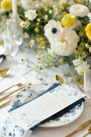 A table setting with blue and white plates and silverware. Blue and white table setting.の素材