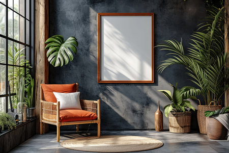 A room with a chair and a picture frame on the wall. Frame mockup with copy-space.の素材
