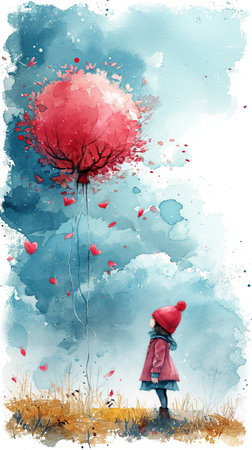 A girl in a red hat is holding a red balloon.の素材