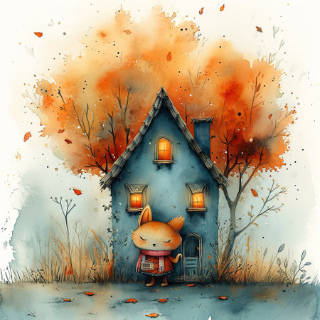 A painting of a little fox standing outside of a house.の素材