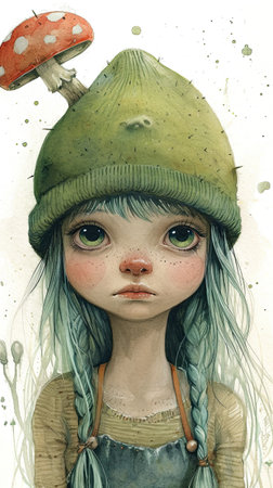 A painting of a girl with a hat and a mushroom on her head.の素材