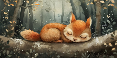 A painting of a squirrel sleeping on a tree branch.の素材