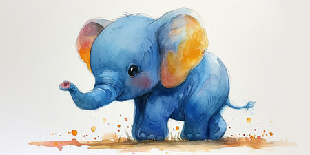 A painting of a baby elephant standing in the dirt.の素材