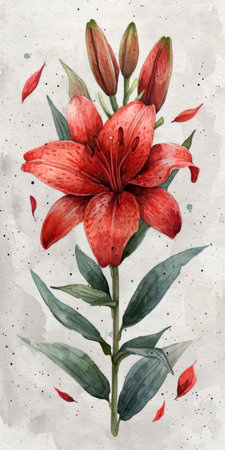 A painting of a red lily flower with green leaves.の素材