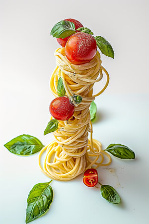 A minimalistic still life concept: A neatly arranged stack of spaghetti adorned with fresh tomatoes and basil on grey background.の素材
