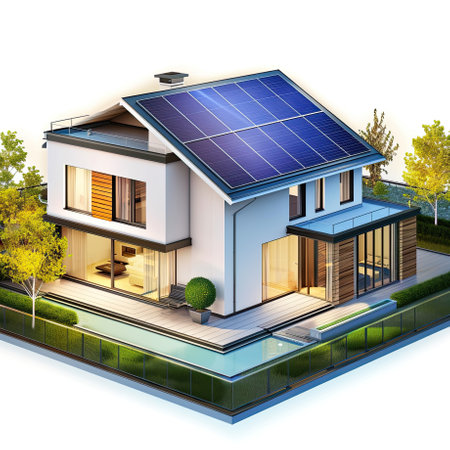 A model house featuring solar panels on its roof, presented against a clean white background. This simple image highlights eco-friendly and sustainable living.の素材