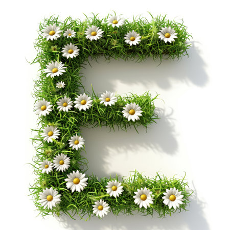 The letter e is made of grass and daisies.の素材