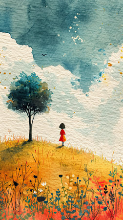 A painting of a little girl standing in a field.の素材