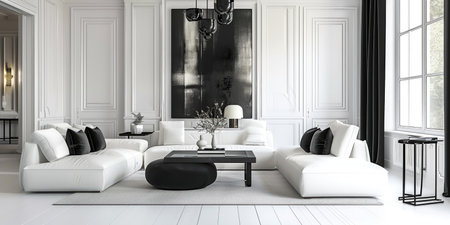 A living room with white furniture and a chandelier. White and black monochrome interior decor.の素材