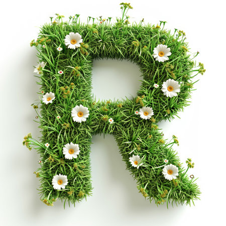 A letter r made out of grass and daisies.の素材