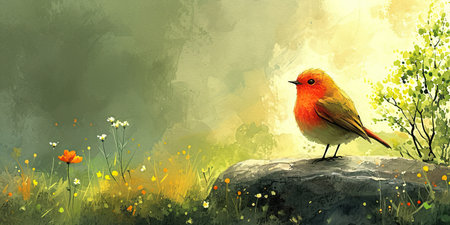 A painting of a bird sitting on top of a rock.の素材