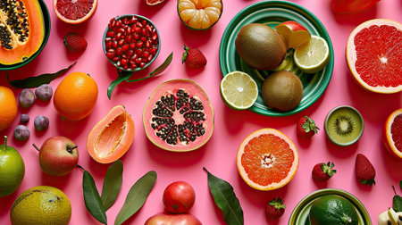 A variety of fruits are arranged on a pink surface.の素材