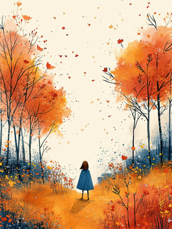 A painting of a girl in a blue dress walking through a forest.の素材