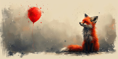 A painting of a fox and a red balloon. Birthday greeting card design.の素材