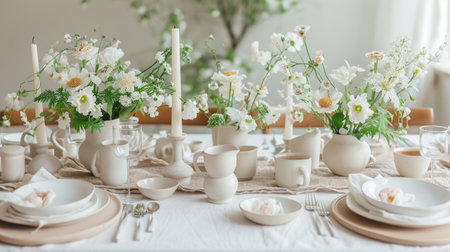 A table set for a formal dinner with flowers in vases.の素材