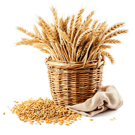 A basket filled with wheat next to a sack. Clipart isolated on white backgroundの素材