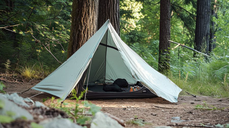 A tent is pitched up in the woods.の素材