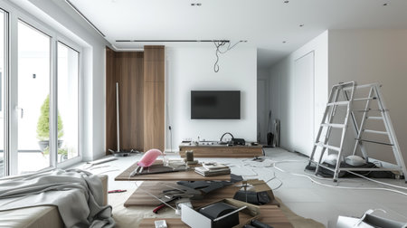 A living room filled with furniture and a flat screen tv. Home renovation.の素材