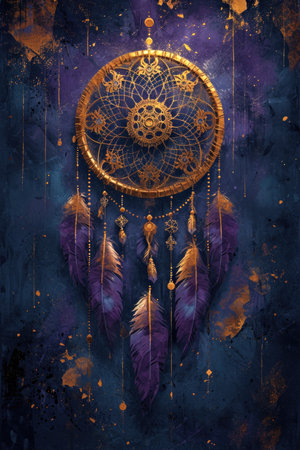 A gold and purple dream catcher on a blue background.の素材