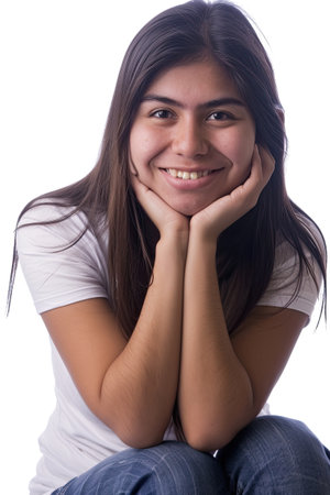 A woman sitting on the ground with her hands on her face. College student portrait isolated on white background.の素材