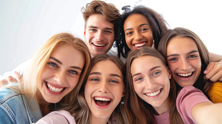 A group of young people taking a selfie together. Happy people taking picture together on white backgroundの素材