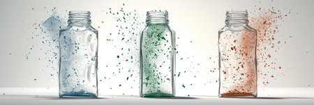 Transparent plastic bottles with plastic particles, panoramic banner background, header or footer. Biodegradable plastic. Eco-friendly plastic.の素材