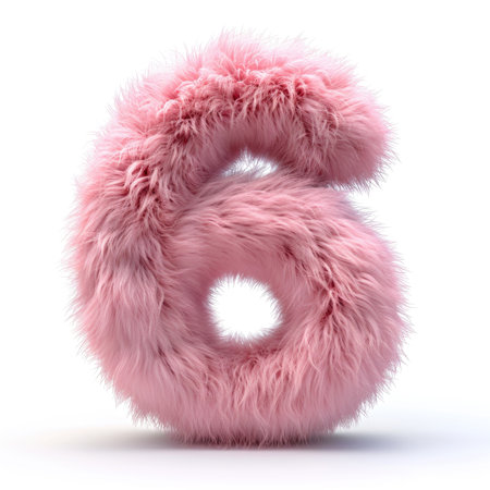 A pink fuzzy number six on a white background.の素材