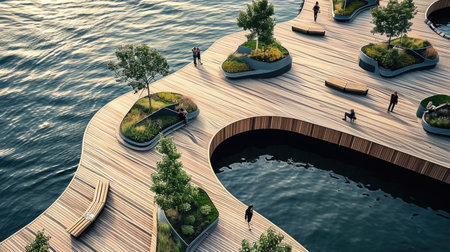 A wooden dock with several planters on top of it. Modern wooden waterfront concept, organic shapes, biodegradable materials, trees and benches.の素材