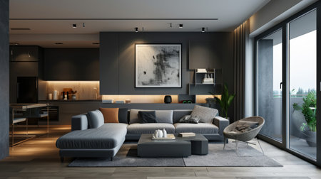 A living room filled with furniture and a large window.の素材