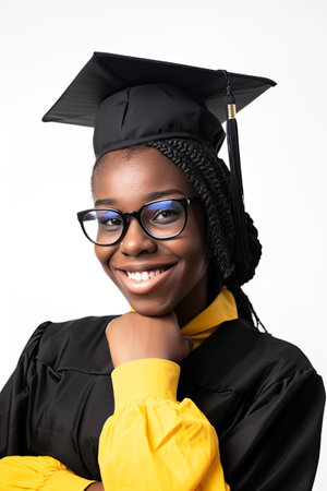 A woman wearing a graduation cap and gown. African college student portrait on white background.の素材