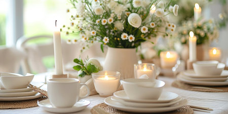 A table set with white plates and white cups and saucers.の素材