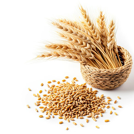 A basket filled with wheat next to a pile of grain. Clipart isolated on white backgroundの素材
