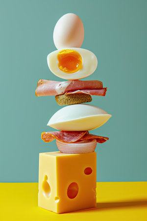 A stack of food with an egg on top of it.の素材