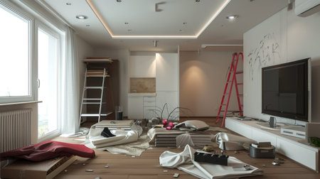 A living room with a television and a ladder. Home renovation.の素材