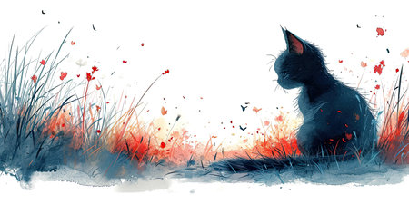 A painting of a cat sitting in the grass.の素材