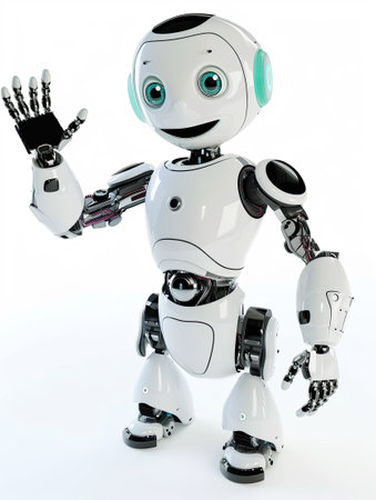 A white robot with green eyes and a hand in the air. Clipart isolated on white backgroundの素材