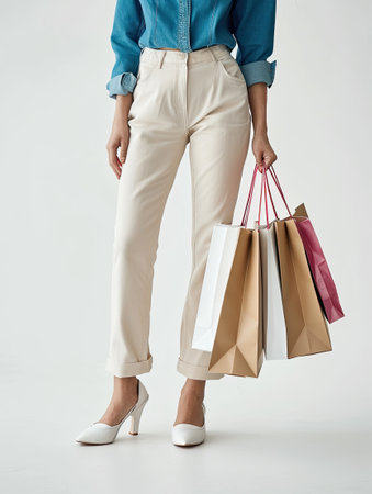 A woman in a blue shirt holding shopping bags. Clipart isolated on white backgroundの素材