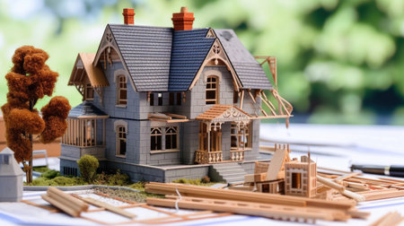 Scaled replica house with digital schematics, redesign plans, workshop, physical model house with screens, pencils, various tools. House design project.の素材