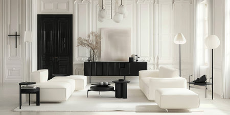 A living room filled with white couches and chairs.の素材